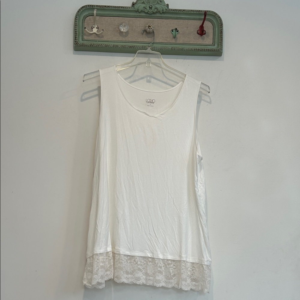 LOGO by Lori Goldstein Ivory Lace Hem Tank Top